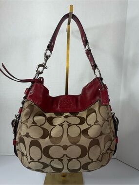 Y2K Coach Zoe Signature Canvas Hobo Bag in Khaki/Red